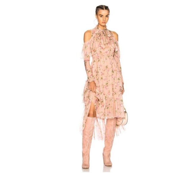 NWT ULLA JOHNSON Pink Marion cold shoulder silk midi ruffle dress size 2 - Picture 1 of 13